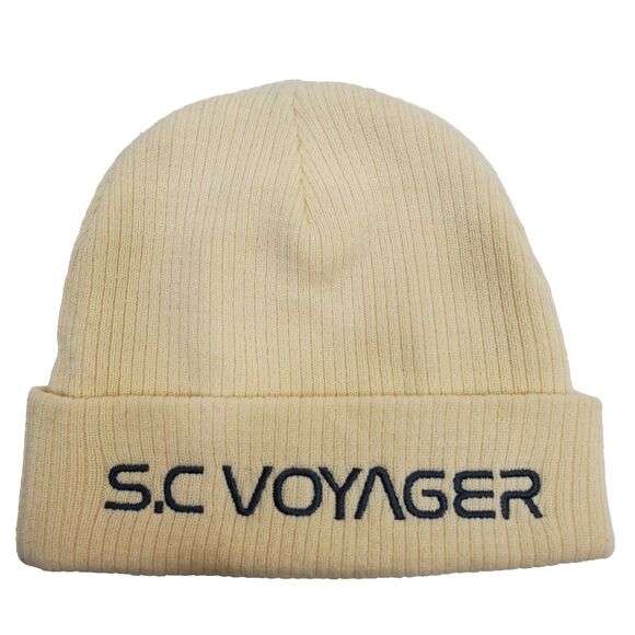 Flan Labs Beige Beanie Hat Embroidered One Size Fits ALL 100% Cotton Knit New - Picture 1 of 6